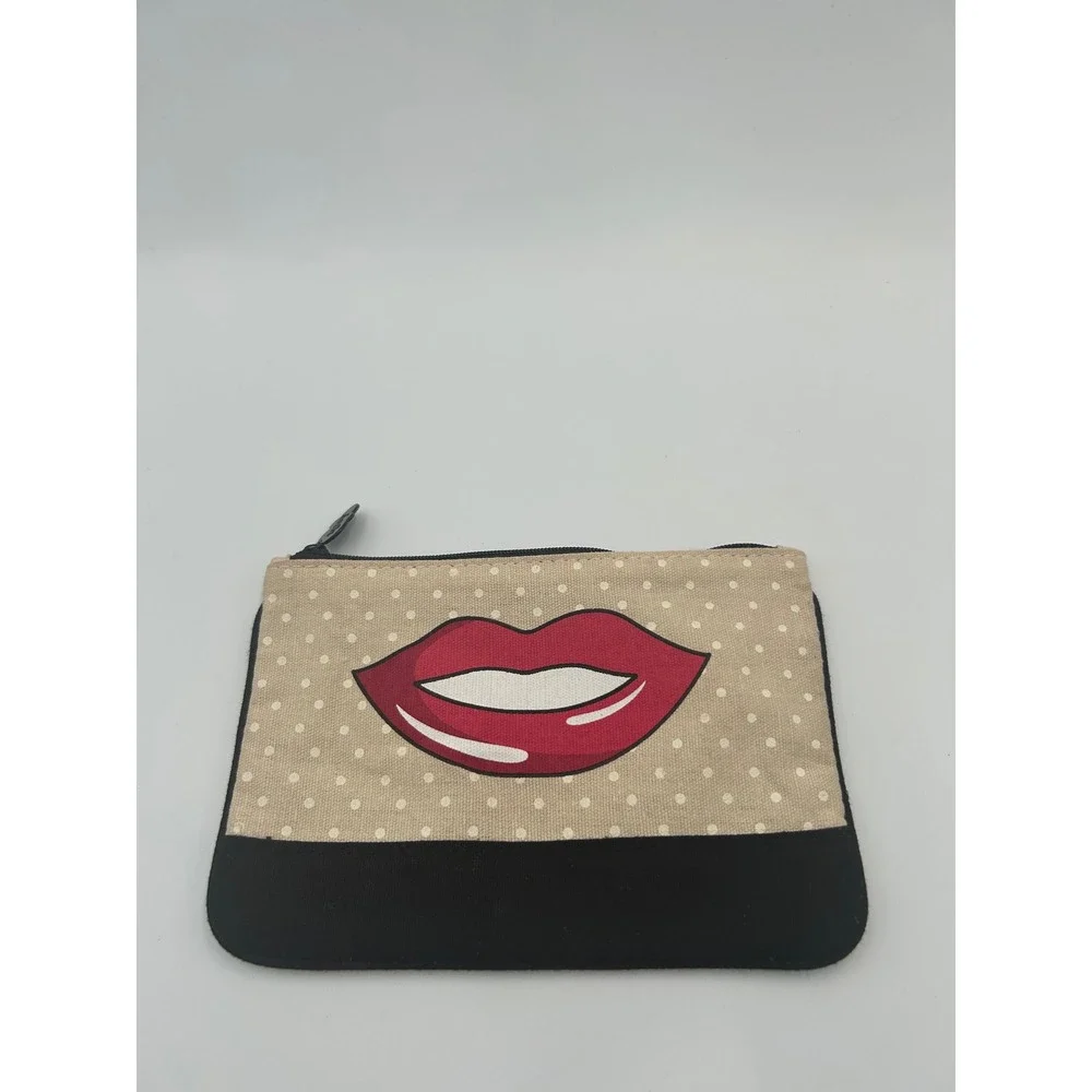 Lips Polka Dot Canvas Makeup Bag Cosmetic Pouch Tan Black Red Zippered Case